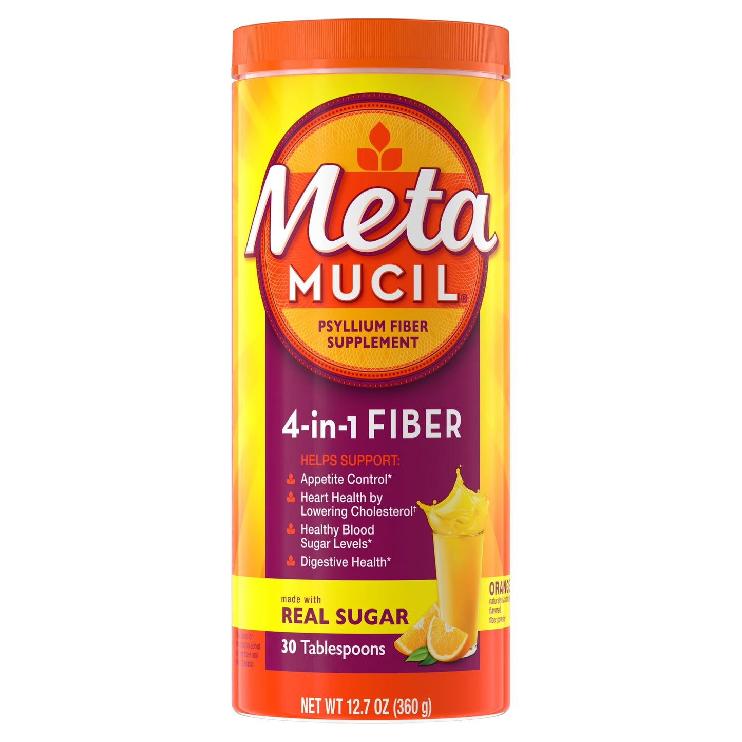Metamucil GLP-1 Friendly Psyllium Fiber Supplement, Real Sugar Orange, 30 Tbsp
