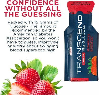 Transcend Glucose Gel Packs - Strawberry, 15 Pack (1.1oz Each) - FSA/HSA Eligible - Glucose Gel Packs for Diabetics, Blood Sugar Support