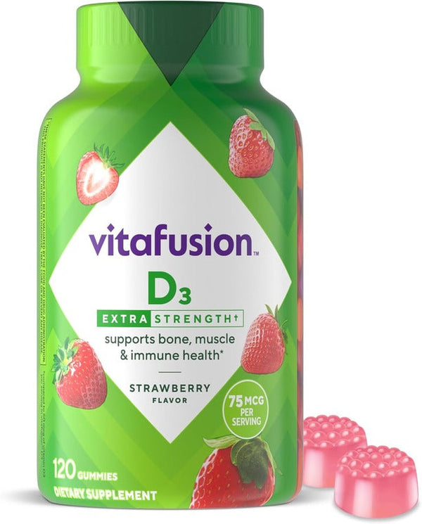 vitafusion Extra Strength Vitamin D3 Gummy, Strawberry Flavored Bone and Immune System Support (1) 120 Count vitafusion